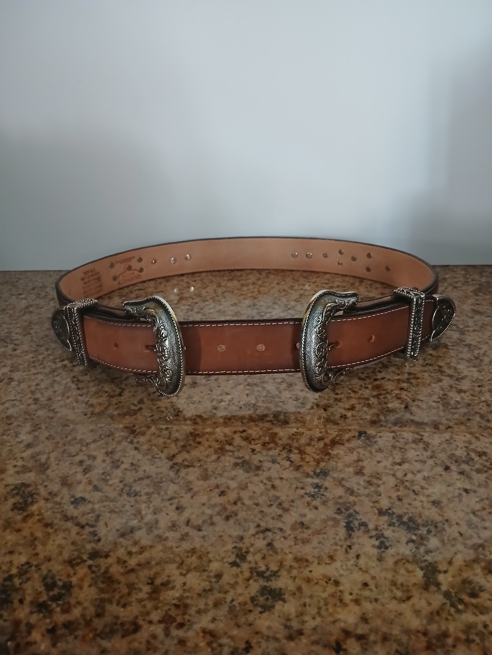 Tan Leather Double Buckle Western Belt with Silver-Tone Buckles